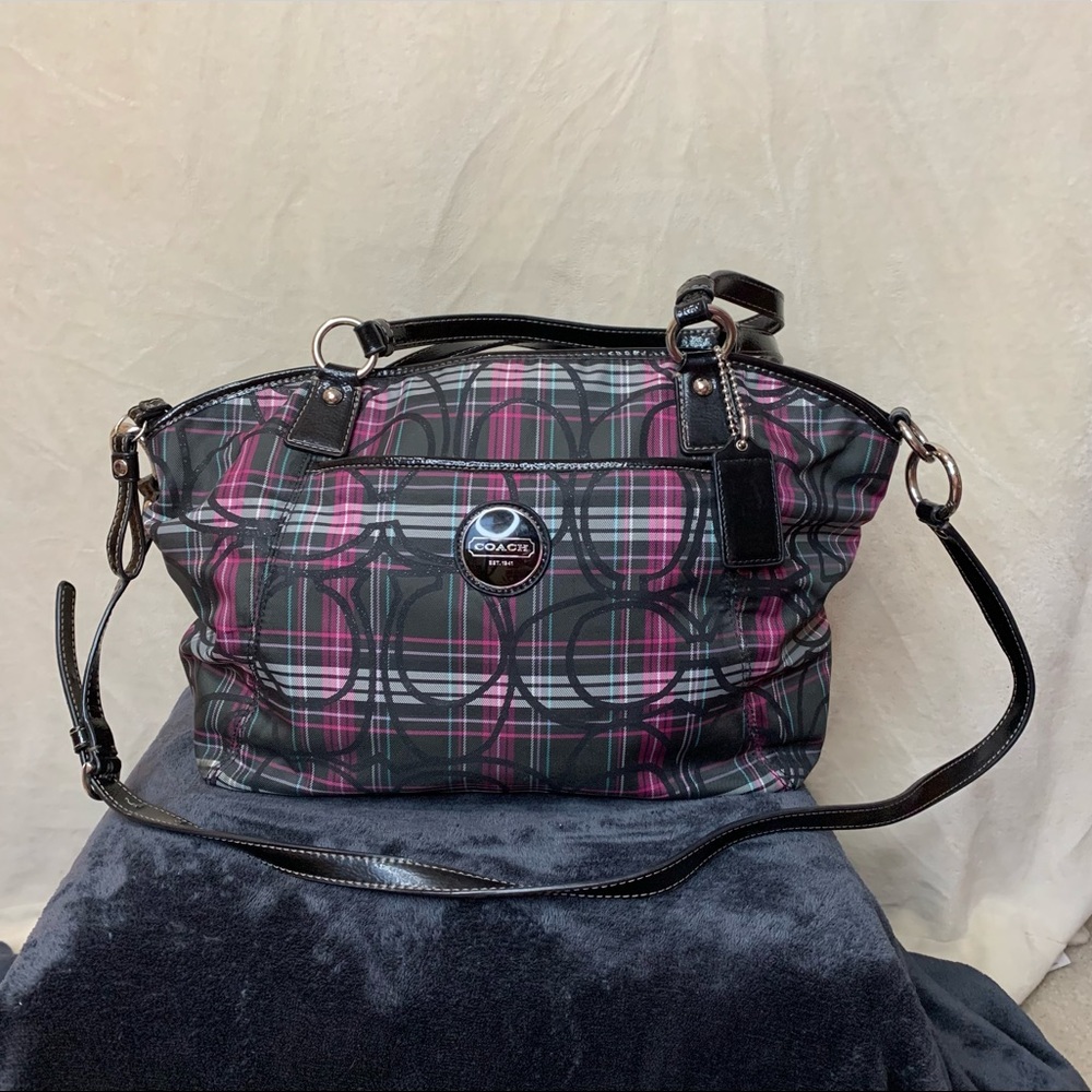 Coach Gray, Black and Berry Color Plaid Handbag